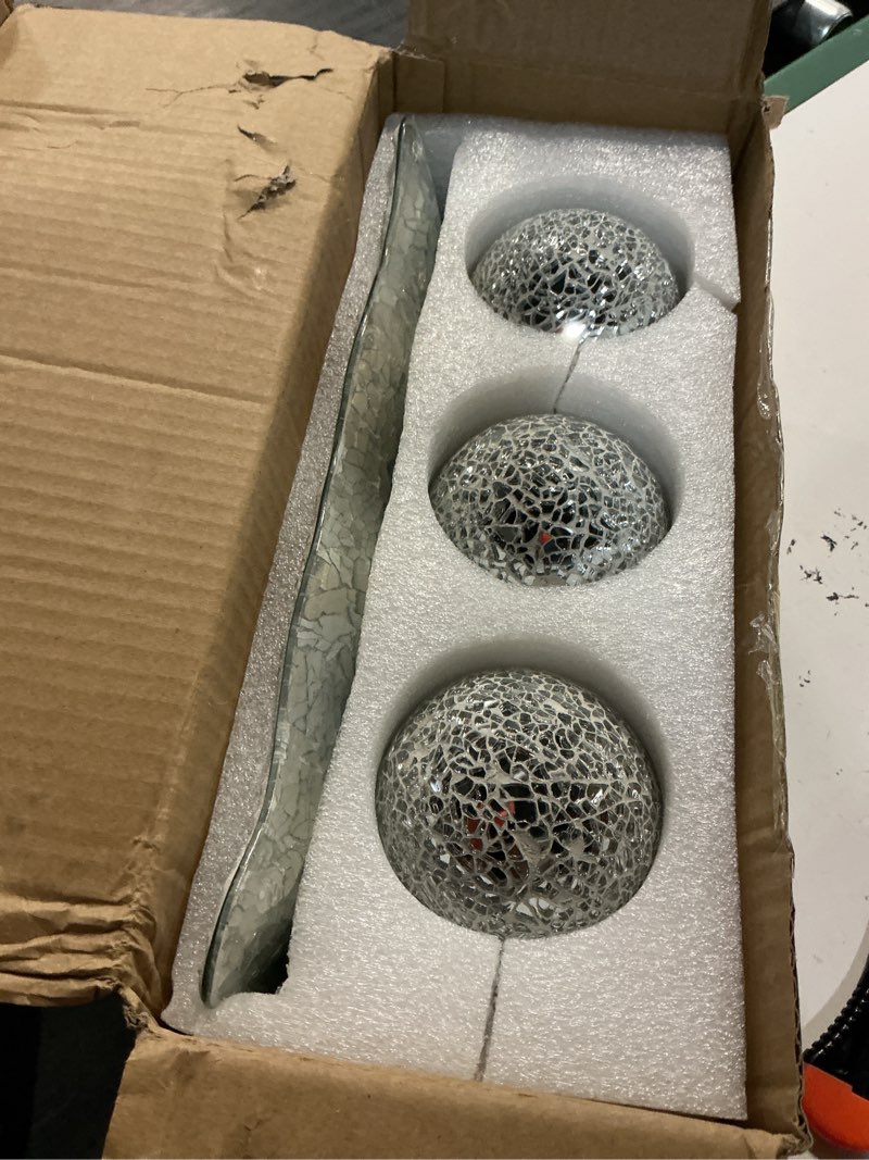 Condition photo showing Good Condition for johouse 3pcs decorative balls with tray, 3 inch silver orbs glass balls for centerpiece bowls mosaic sphere for home decoration dining table