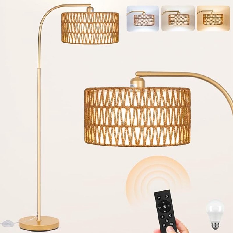 Gold Floor Lamps- Boho Floor Lamp for Room, Rattan Standing Lamps with Dimmable Bulb, Adjustable 2-in-1 Lampshades Arc Floor Lamp Over Couch Lamps for Living Room, Bedroom, Office
