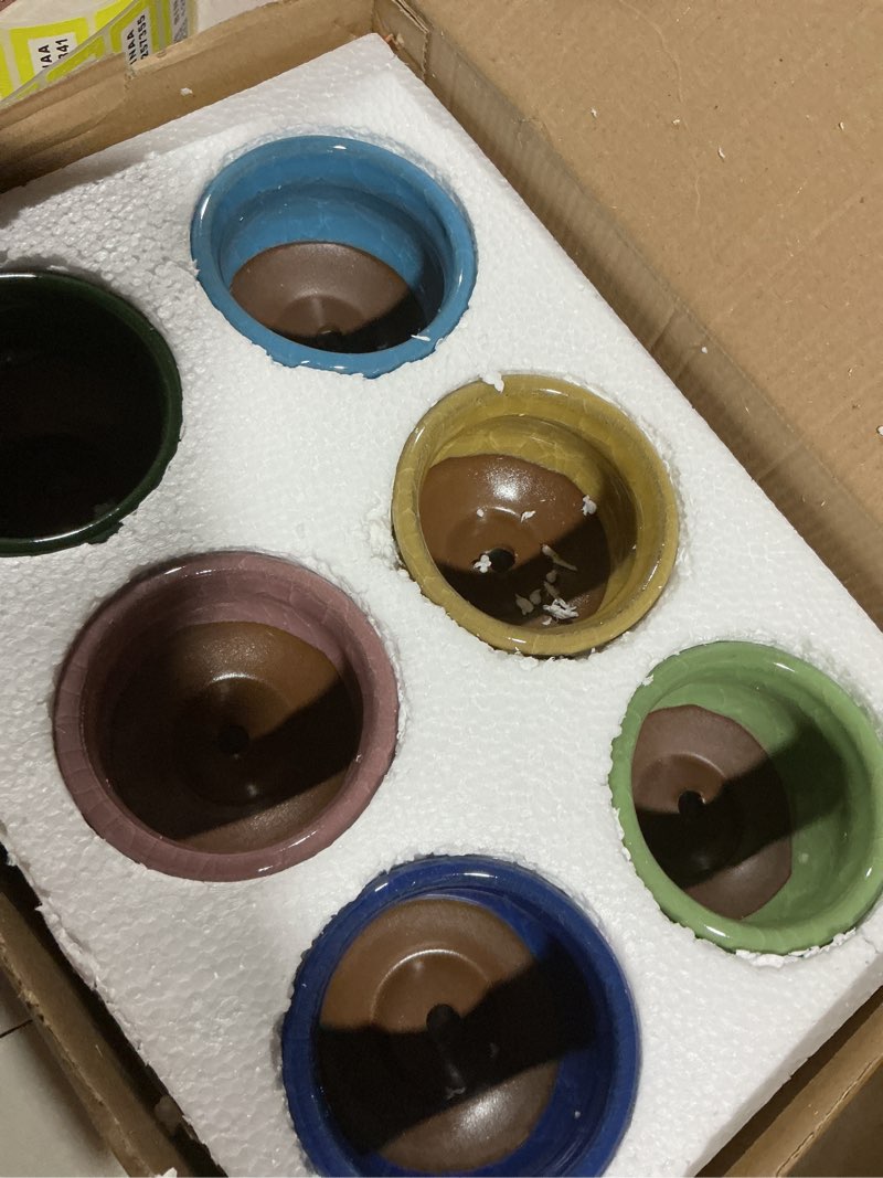 Condition photo showing Good Condition for Okllen Set of 6 Small Succulent Pots, Ceramic Succulent Planters Stylish Crackle Glaze Design with Drainage Holes for Indoor/Outdoor Small Plants, Plants Not Included