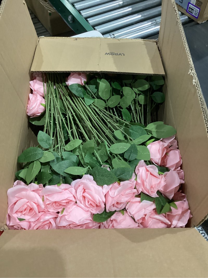 Condition photo showing As Is for Lyrow 200 Pcs Artificial Roses Realistic Flowers Bulk Real Looking Fake Silk Rose Bouquets with Long Stem Flowers for Wedding Table Centerpieces Bridal Shower Party Home Garden Decor (Pink)