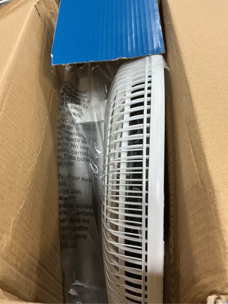 Condition photo showing As Is for ez-chill 16” oscillating pedestal fan, 3-speed options, 90-degree oscillating head, adjustable height and tilt, powerful air flow, white, mtsp15-16az