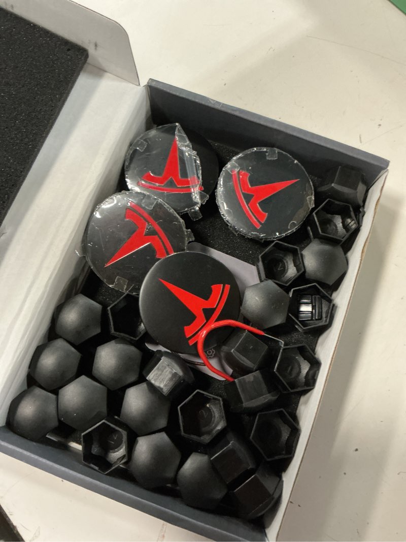 Condition photo showing Good Condition for 4 pack car wheel center hub cap kit with 22 lug nut covers, 2.2 in (56mm) wheel rim covers center hubcaps with emblem for model 3 / model y, matt black & red exterior decoration for tesla
