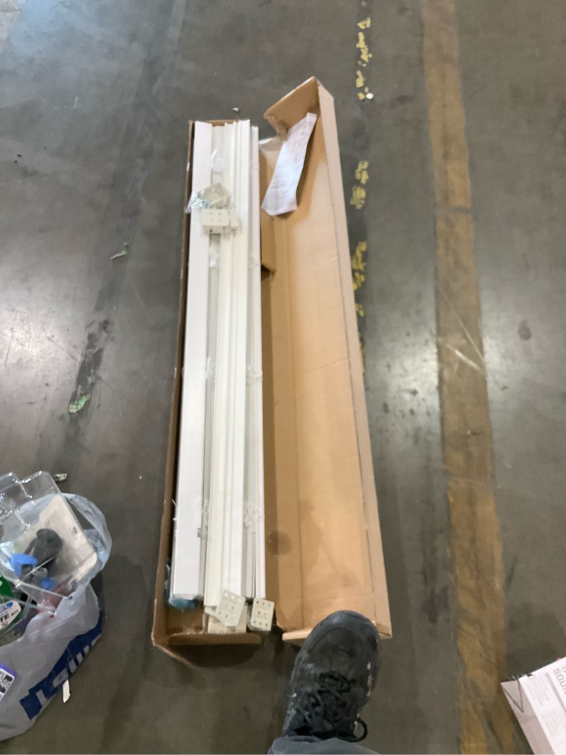 Condition photo showing As Is for allen + roth trim at home 2-in slat width 46-in x 64-in cordless white faux wood room