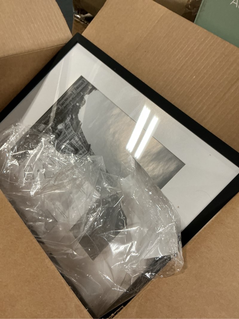 Condition photo showing As Is for upsimples 11x17 picture frame, display pictures 9x15 with mat or 11 x 17 without, wall hanging poster frames, black, 1 pack black 11x17