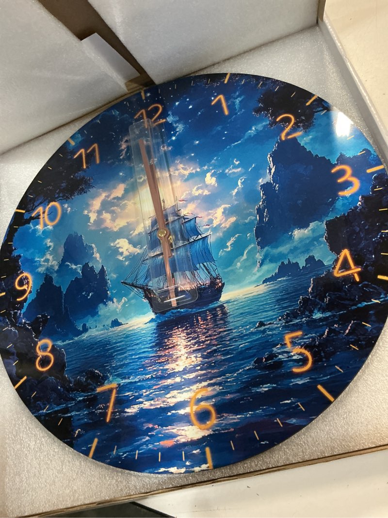 Condition photo showing Good Condition for large coast wall clock 16 inch modern beach wall clock wooden silent analog clock for office, living room marine decoration battery operated starry sky sailing boat 16inch
