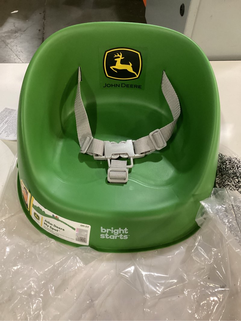 Condition photo showing New/Like New for bright starts john deere my spot easy-clean booster seat, portable dining chair booster with 3-point harness, green, 6 months - toddler