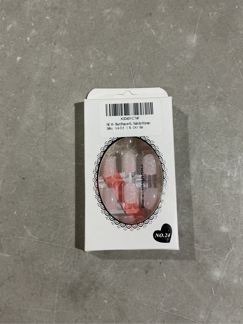 Condition photo showing As Is for short press on nails square fake nails light pink full cover acrylic nails press ons silver glitter glue on nails glossy false nails artificial stick on nails for women 24pcs light pink & silver glitter