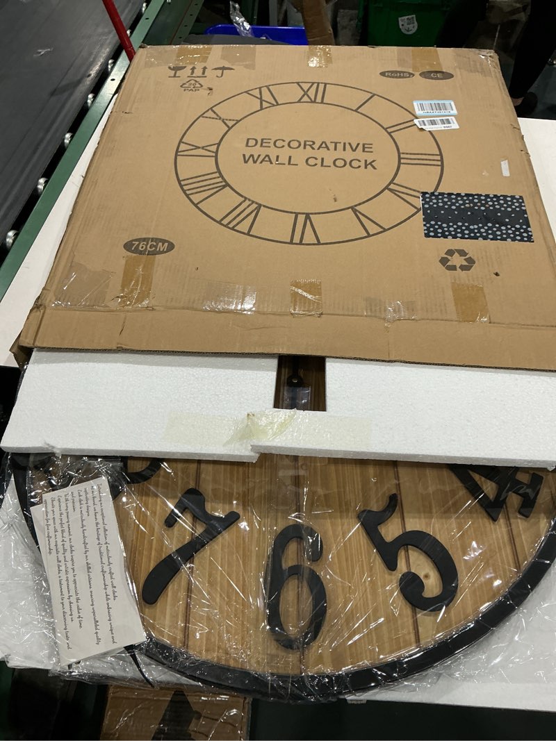 Condition photo showing Good Condition for henescribe large wall clock 30in, silent metal wood style wall clocks battery operated for living room decor, farmhouse big wall clock, outdoor wood-roman 30in