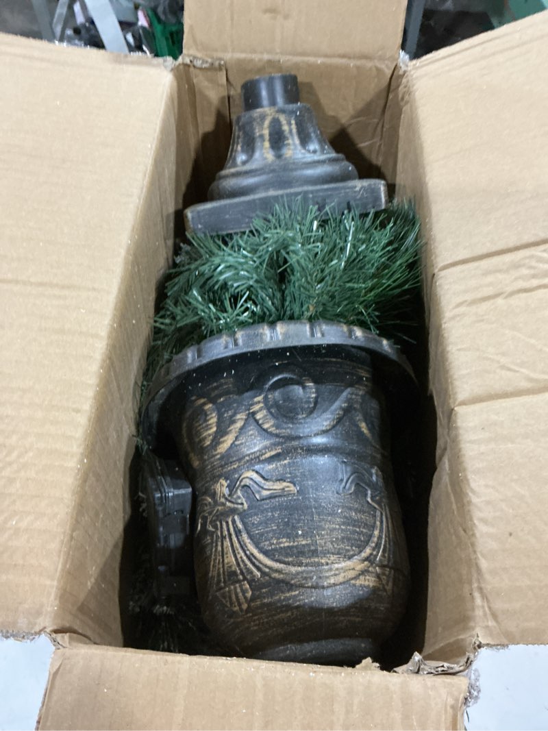 Condition photo showing As Is for 4ft pre-lit artificial christmas tree for entrances and christmas, small flocked christmas tree with flowerpot base and pinecone?battery operated flocked green 4ft