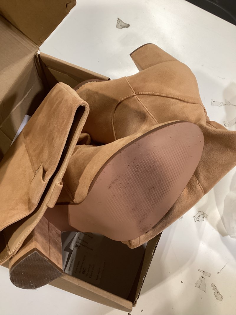 Condition photo showing As Is for juliet holy women's knee high boots chunky block heel wide calf round toe side zipper fashion dress boot light brown 7.5