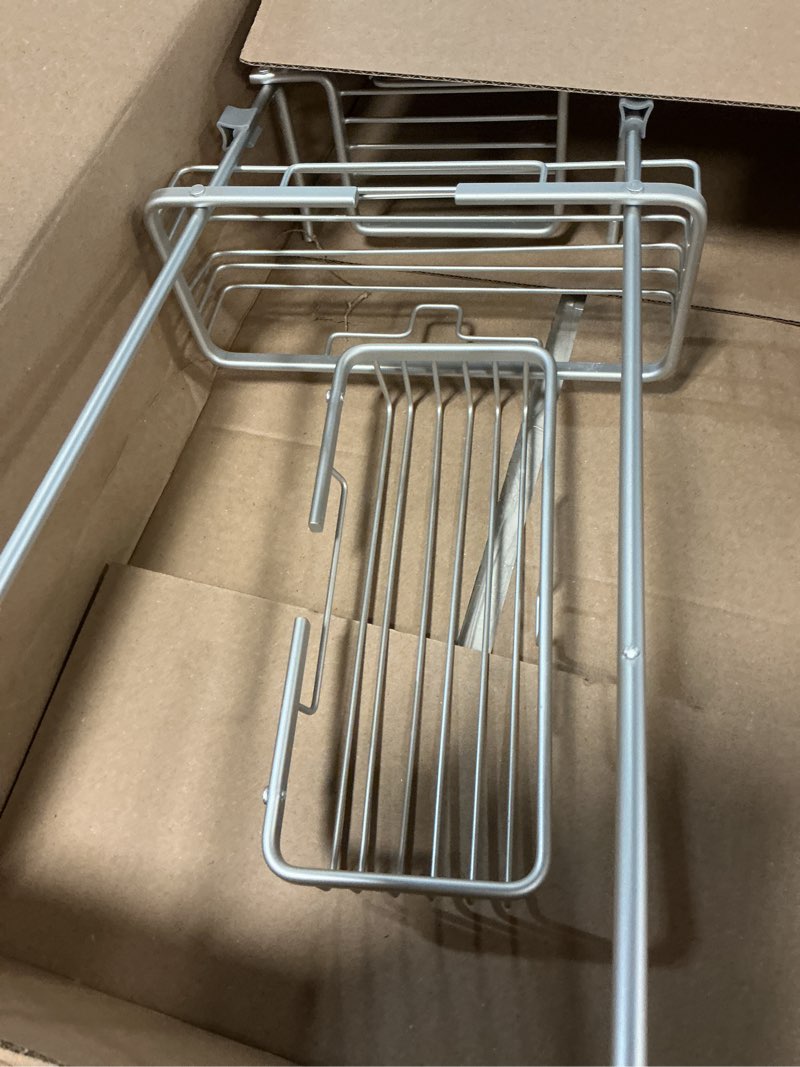 Condition photo showing As Is for Zenna Home Rustproof Hanging Shower Caddy, Over the Shower Head Caddy with 2 Shelves and Built In Hooks, Aluminum Bathroom Hanging Organizer, Satin Chrome