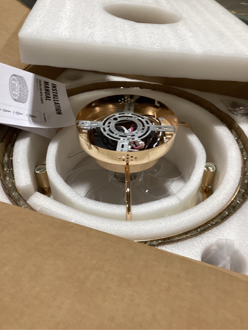 Condition photo showing New/Like New for Siljoy 20’’ Gold Crystal Ceiling Fan with Light, Modern Caged Ceiling Fan with Lights and Remote, 6 Speeds Reversible Dimmable Quiet DC Motor Fandelier for Girl’s Bedroom Living Room, 6 x E12 Flush Mount 19.7 Inch