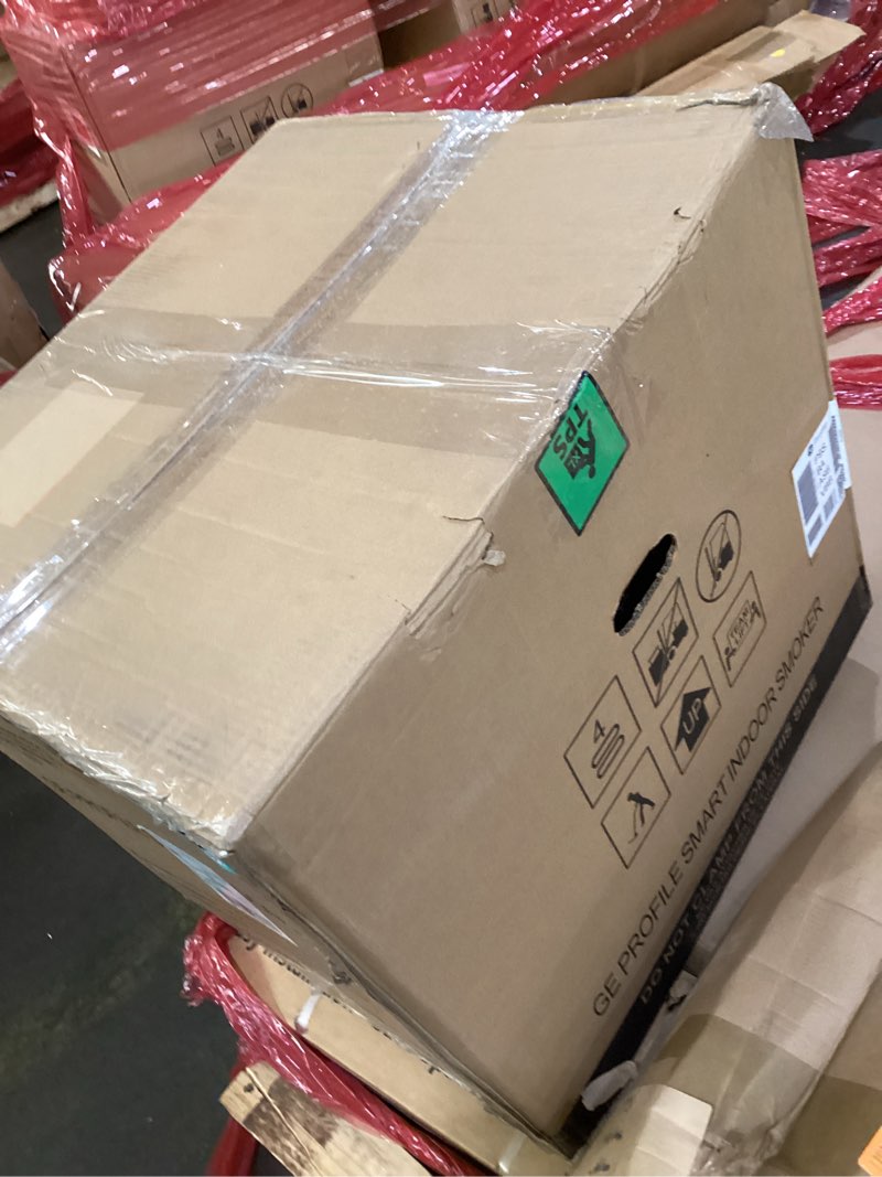 Condition photo showing As Is for ge profile™ smart indoor pellet smoker, with active smoke filtration, 5 smoke control settings, wifi connected, electric, countertop bbq appliance, black