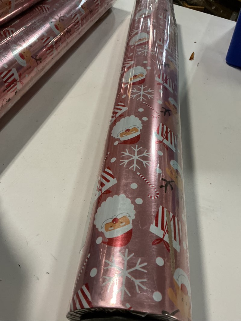 Condition photo showing New/Like New for LeZakaa Christmas Pink Wrapping Paper Jumbo Roll, Santa Claus & Candy Cane, Metallic Foil, Rose Gold Foil Reversible Design for Festive Winter Holiday, Family Gathering, 24 inches x 100 Feet Pink Santa Foil