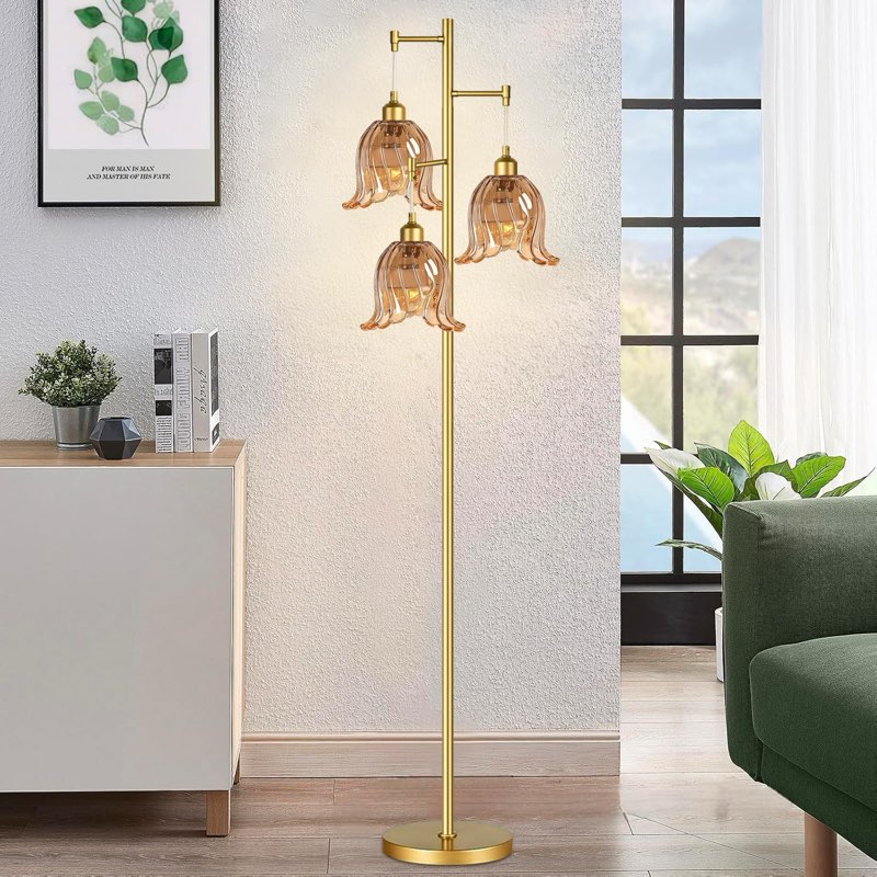 QIYIZM Gold Floor Lamp for Living Room,Bedroom,Tree 3 Light Standing Lamp Mid Century Modern Brass T