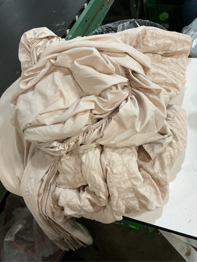 Condition photo showing As Is for muxhomo 7 pieces queen comforter set, seersucker bed in a bag queen size, all season luxury bedding set with comforter, flat sheet, fitted sheet, pillowcases & shams, beige queen (88"x88") 01 - beige