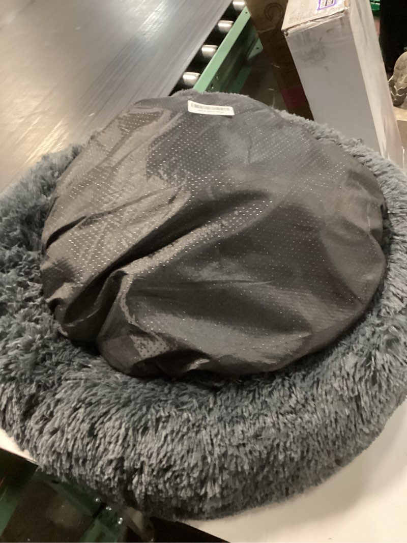 Condition photo showing As Is for petjett calming dog bed medium size dog - 30'' donut bed, round dog bed, anti-slip & washable super soft fluffy plush round bed, anti-anxiety premium comfort pet bed, fits dogs upto 45 lbs - dark grey dark gray medium - 30”l x 30”w x 8”th
