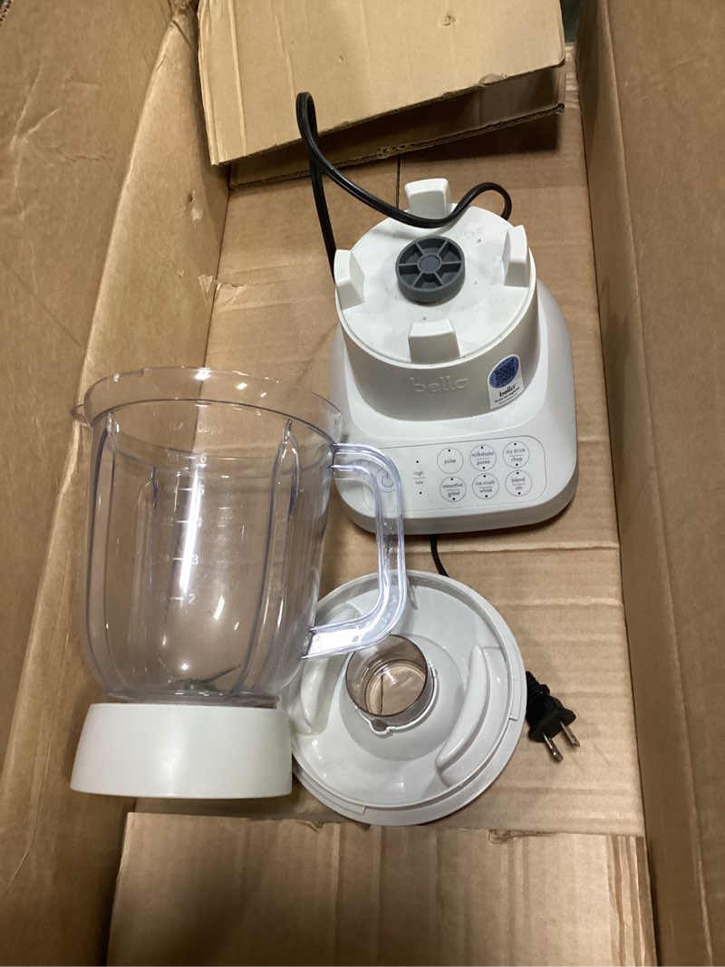 Condition photo showing As Is for bella 10 speed countertop blender, juicer & smoothie maker, fits-anywhere™ kitchenware, slim flip & store design, dishwasher safe 48oz capacity pitcher & lid, stainless steel blade, 450 watt, oatmilk oatmilk 6 cup
