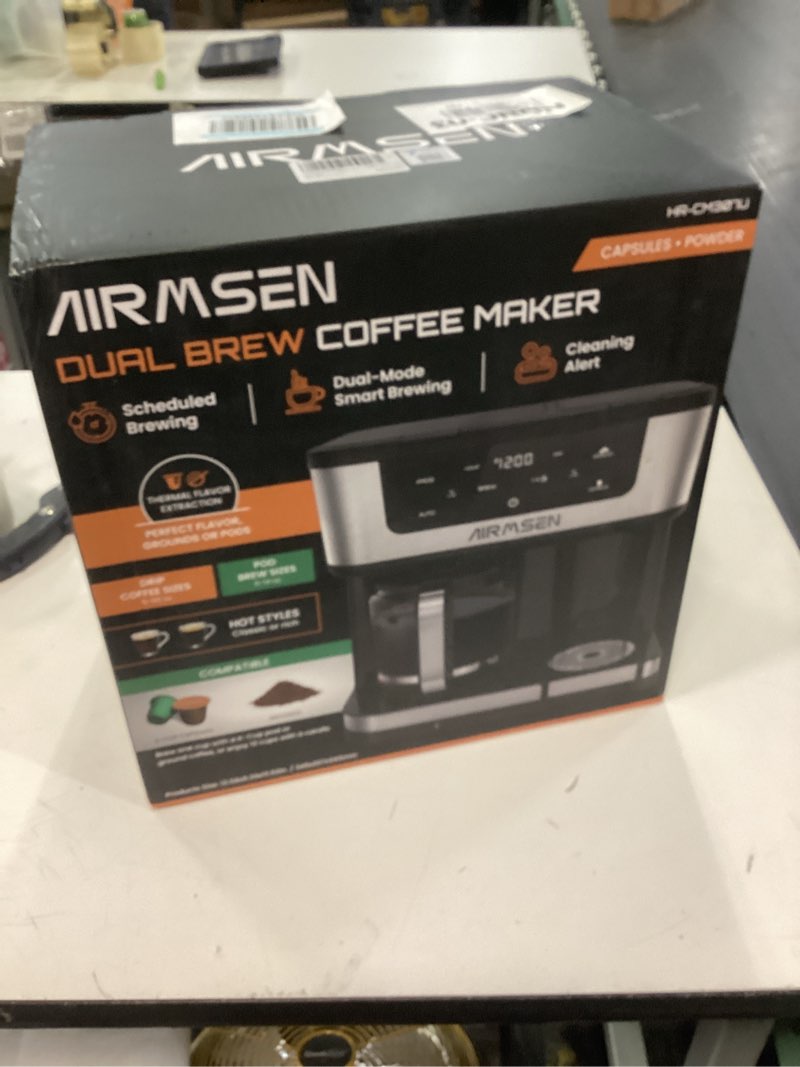 Condition photo showing Good Condition for AIRMSEN 12-Cup Programmable Dual Coffee Maker – Single Serve Machine for K-Cup Pods & Ground, 1000W Fast Brew, Delay Start, 2H Keep Warm, Touchscreen, 60oz Tank, Glass Carafe – Home & Office