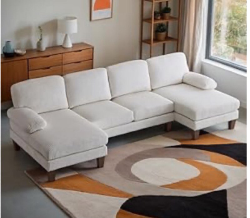 4 Seat U Sectional Couch, 110” W Corduroy White (incomplete 1 box only)(similar to stock photo)