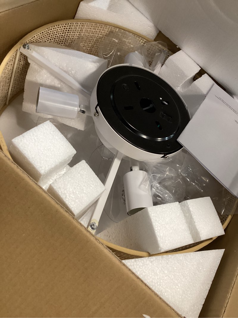 Condition photo showing Good Condition for Boho Bamboo Small 18“ DC Ceiling Fan with Light Fixture and Remote Control,Enclosed Wicker Caged Rattan Cage Drum Low Profile Flush Mount Fandelier for Kitchen Nursery Bedroom Indoor brown