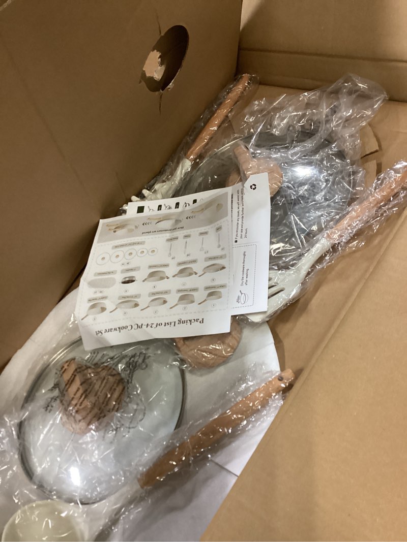 Condition photo showing New/Like New for 24 Pcs Pots and Pans Set Non Stick Ceramic Cookware Set,Healthy Non Toxic Kitchen Cookware Sets with Large Capacity,Induction Compatible,PFAS/PTFE/PFOA/PFOS Free,Cream White 24-PC Set Cream White