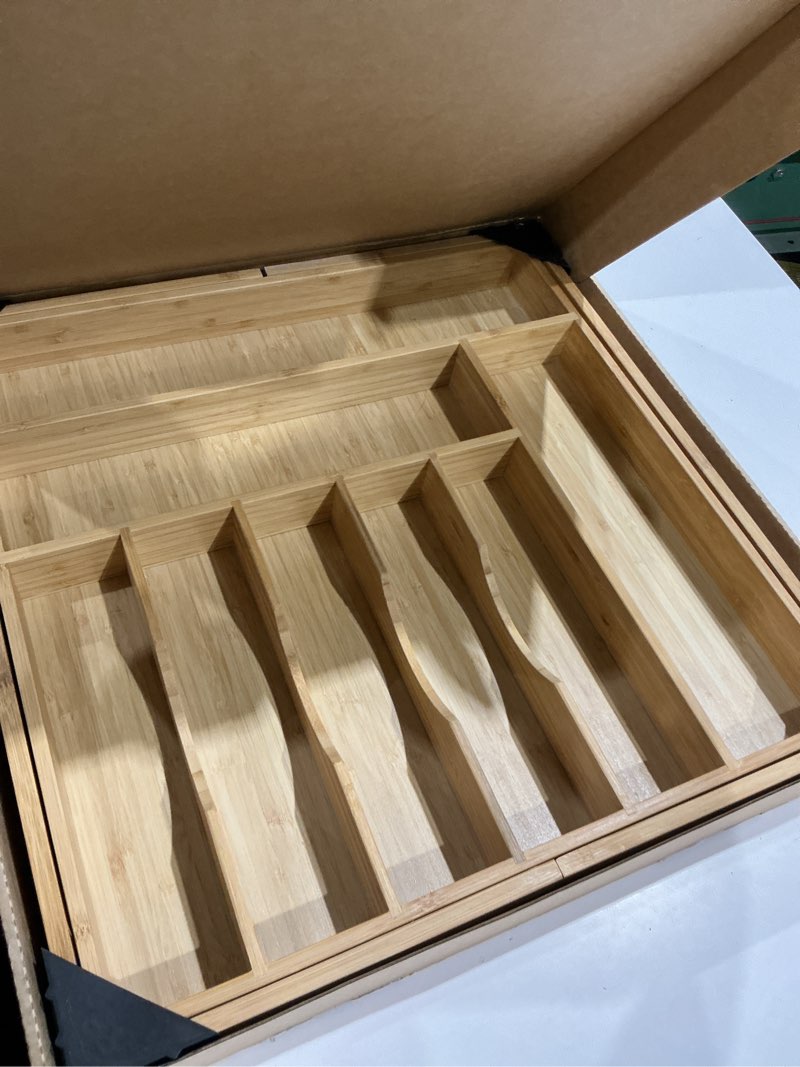 Condition photo showing Good Condition for umilife extra large expandable kitchen siverware utensils drawer organizer, 19" deep for big drawer, adjustable bamboo wood drawer divider with curved grooves, cutlery tray flatware holder