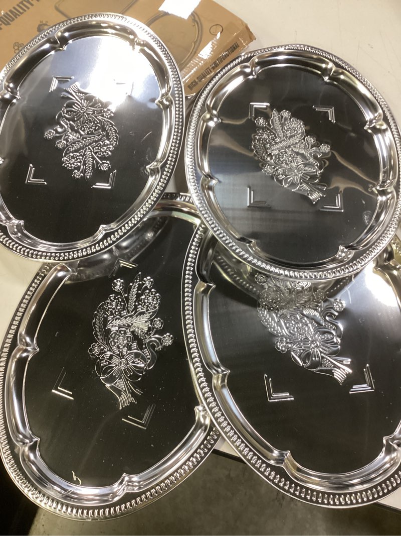 Condition photo showing Good Condition for 4-Pack 15.7" x 11.8" Large Silver Serving Trays for Party Set - Oval Floral Engraved Serving Platters, Wedding Birthday Mirror Tray for Valentine's Day, Food, Appetizer, Charcuterie, Cookies, Desserts