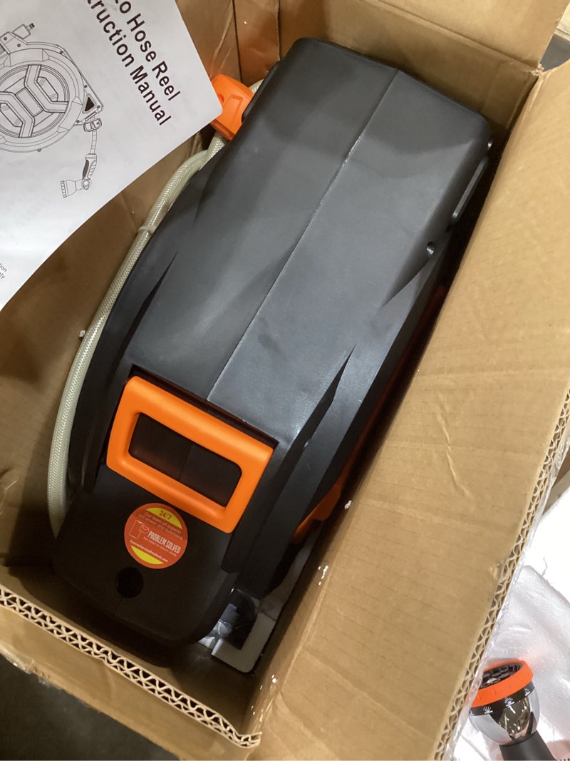 Condition photo showing Good Condition for retractable garden hose reel 1/2" 100ft, 2-in-1 wall mount & portable auto rewind water hose reel with any length lock & 180° swivel, heavy duty outdoor hose storage for garden, patio and car washing orange