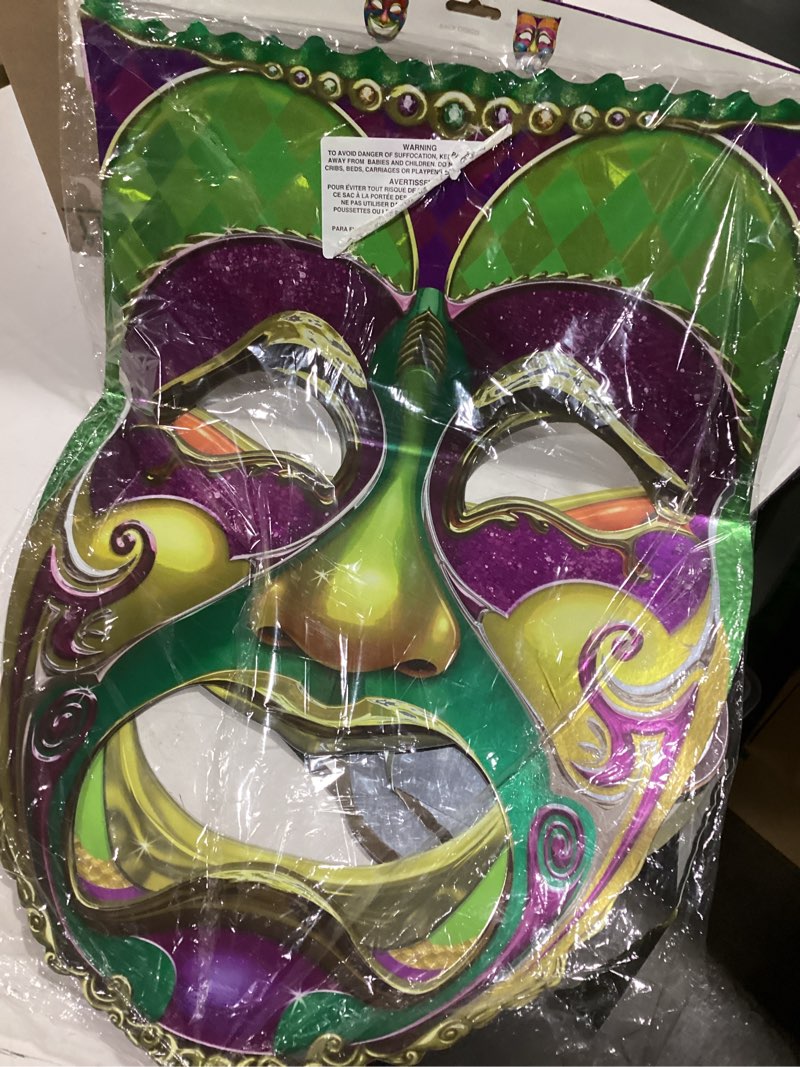Condition photo showing Good Condition for Beistle 2 Piece 24.75" x 18.25" Jumbo Foil Covered Cardstock Paper Comedy & Tragedy Faces Cut Outs for Mardi Gras Party Decorations