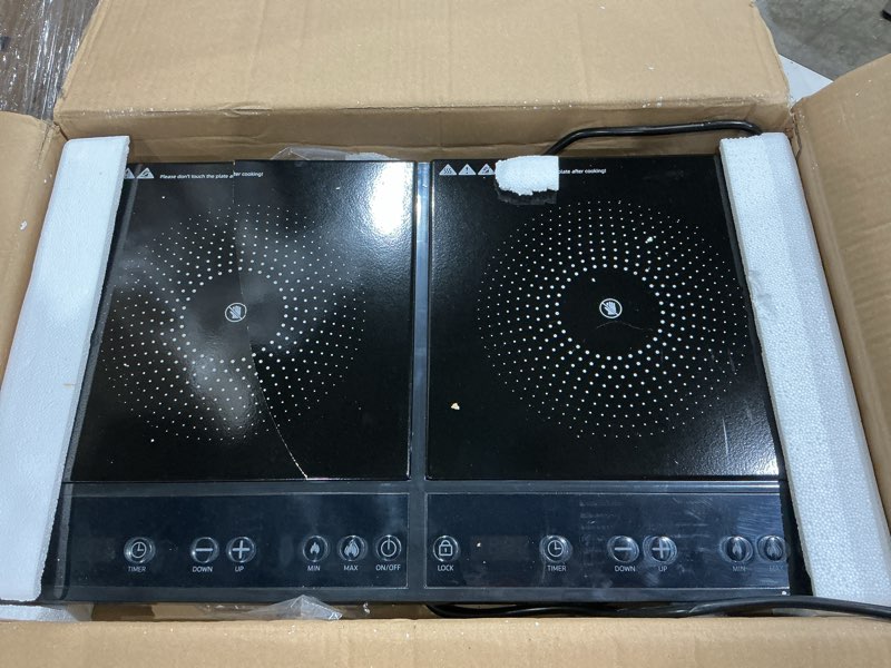 Condition photo showing As Is for double induction cooktop,portable induction cooker with 2 burner independent control,ultrathin body,10 temperature,1800w-multiple power levels,3 hour timer,safety lock