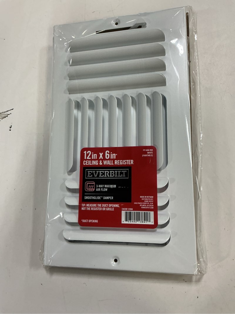 Condition photo showing New/Like New for 12 in. x 6 in. 3-way fixed curved blade wall/ceiling register