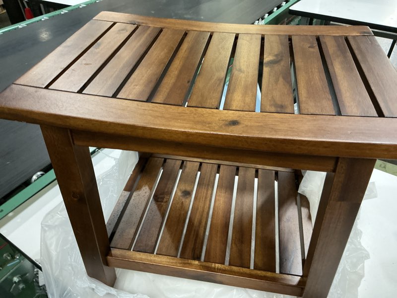 Condition photo showing Good Condition for waterproof shower wood bench seat, sauna chair, bathroom stools for bathroom, spa, or portable outdoor patio wood bench (teak color, assemble required) (21”wx14”dx18.5”h)