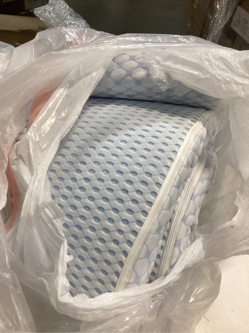 Condition photo showing As Is for sinweek 2 inch twin xl cooling memory foam mattress topper for pressure relief, thick bed mattress pad with cooling soft cover and adjustable straps, certipur-us certified twin xl 2 inch