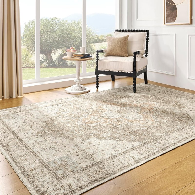 Cream Beige Boho Floral Wool Area Rugs,5x7 Bundle Light Tan Brown Boho Neutral Living Room Rug 7x7 