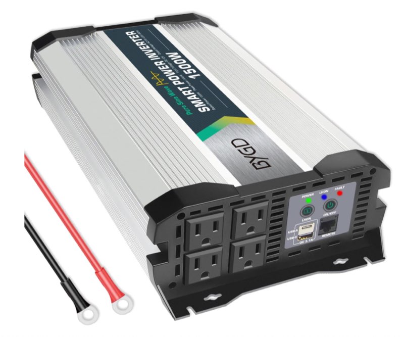 BYGD 1500W Pure Sine Wave Power Inverter DC 12V to 110V AC Car Interter with 4 AC Outlets, USB and Type C Ports Charger, Inverter for RV Vehicles Travel Camping