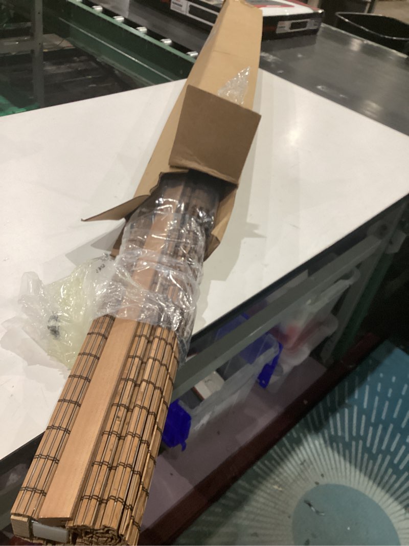 Condition photo showing As Is for lazblinds no-drill cordless roman shade - light filtering natural wood, easy install bamboo blind for windows 31" w x 48" h, malay umber malay umber 31"w x 48"h