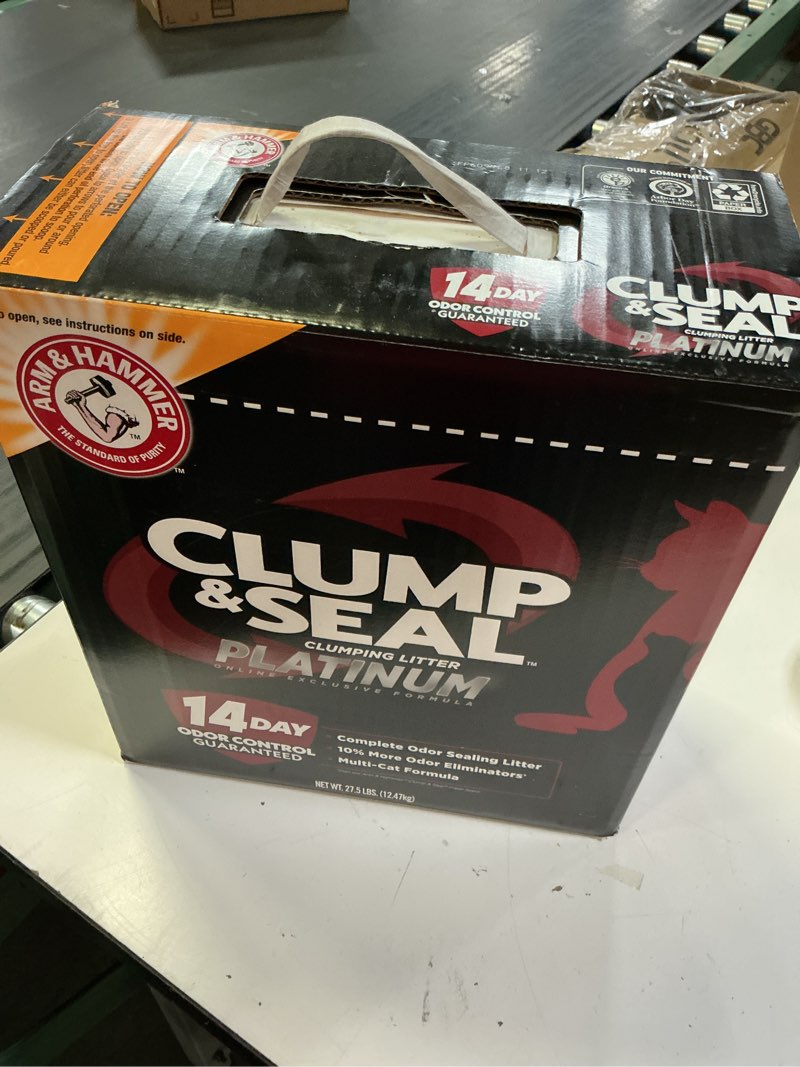 Condition photo showing New/Like New for arm & hammer clump & seal platinum cat litter, multi-cat clumping litter forms rock-hard clumps, powerful odor eliminators with baking soda, 14-day odor control, 27.5 lbs clump & seal platinum clumping cat litter