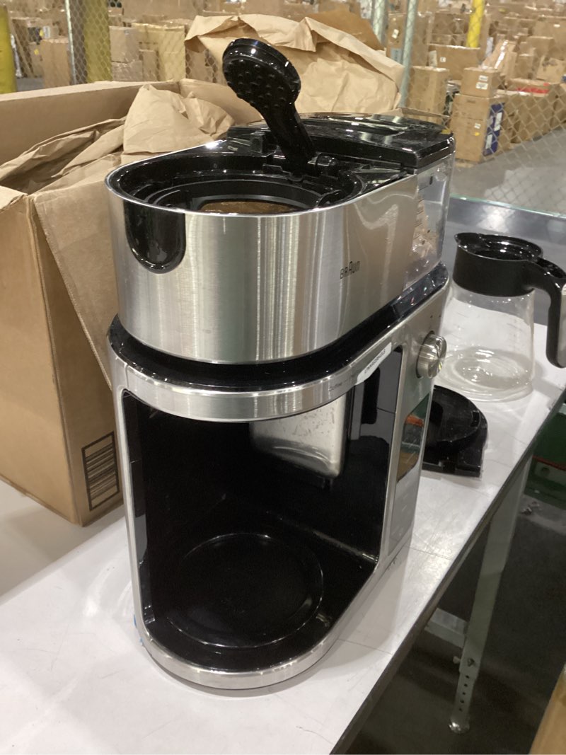 Condition photo showing As Is for damaged not tested braun multiserve plus 10-cup drip coffee maker - hot & cold multi-serve brewer with timer and auto start, hot water dispenser, over ice function, stainless steel & pod-free design, kf9370si multiserve hot water