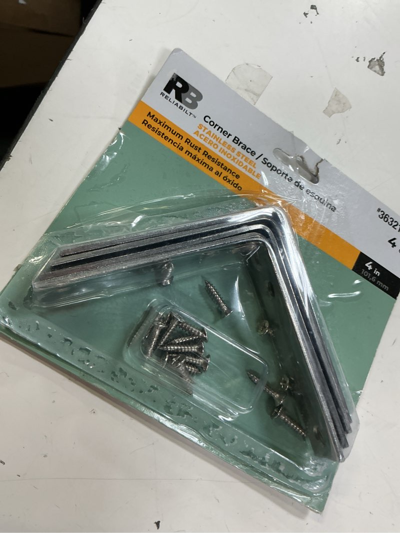 Condition photo showing As Is for reliabilt corner brace 4-in x 0.875-in x 4-in 11-gauge stainless steel stainless steel corner brace (4-pack)