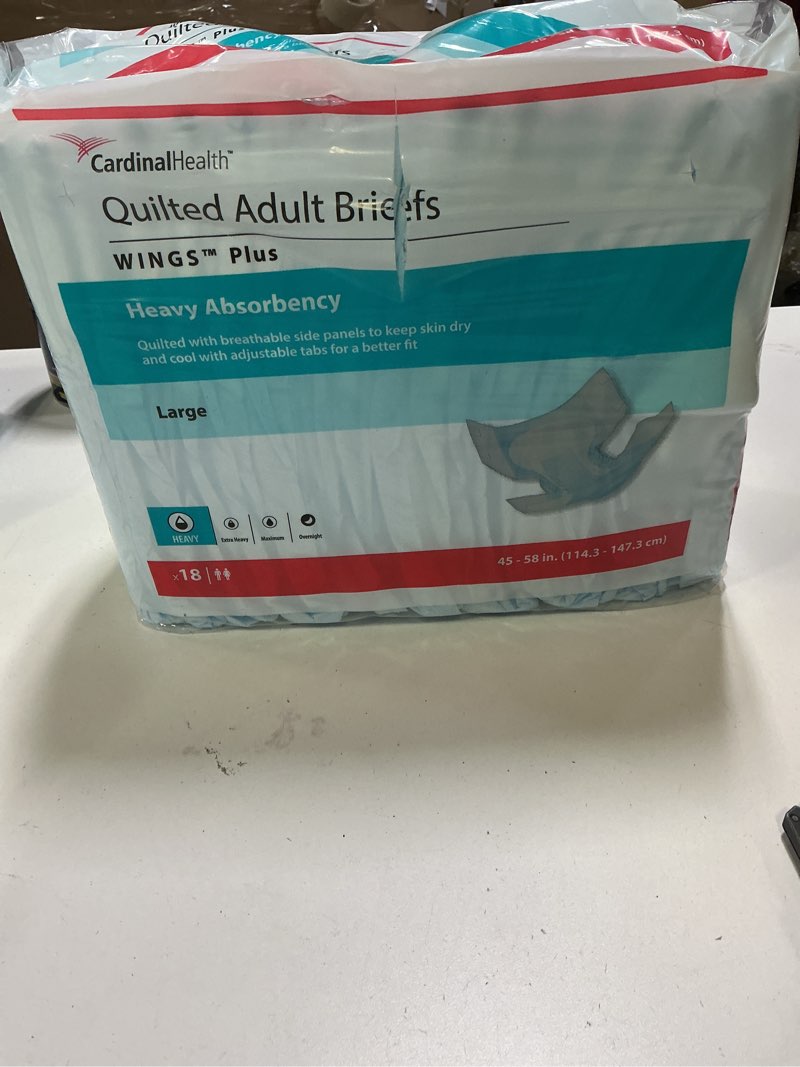 Condition photo showing New/Like New for Cardinal Health 66034 Quilted Adult Briefs, Wings Plus, Heavy Absorbency, Large, Case of 4 Bags of 18