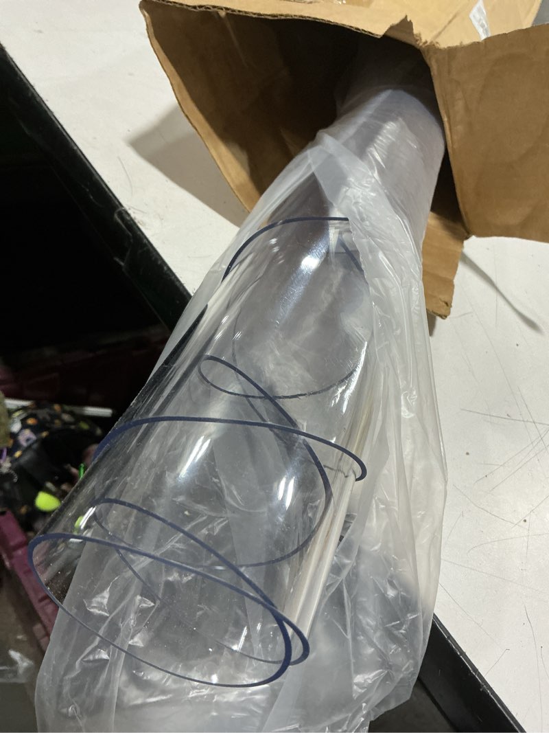 Condition photo showing New/Like New for clear round table cover protector 48 inch, 1.5mm transparent plastic table protector waterproof, anti-scratch clear desk mat for office desktop dresser dining table, fda compliant clear 1.5mm round 48'' x 48''