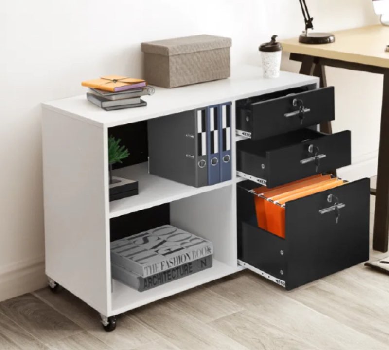 (Incomplete) 3-Drawer Wooden File Cabinet with 2 Open Shelves