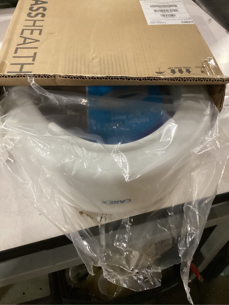 Condition photo showing As Is for carex elongated hinged toilet seat riser, adds 3.5 inches of height to toilet, 300 pound weight capacity, raised toilet seat