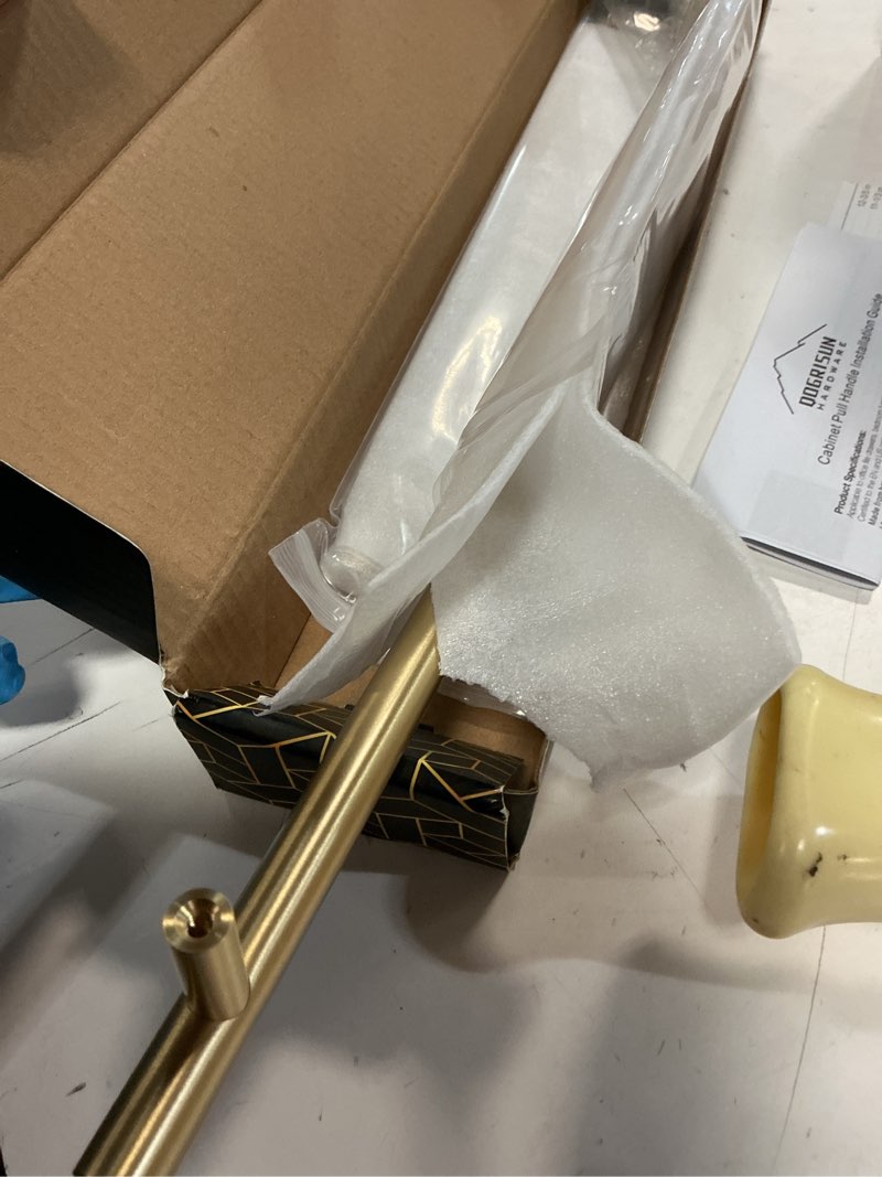 Condition photo showing Good Condition for qogrisun 2-pack solid brass cabinet pulls, gold euro style t-bar handles, 8-3/4 inch hole center for kitchen drawers, cupboard, dresser, bathroom vanity, brushed brass finish 8-3/4 inch hole centers 2