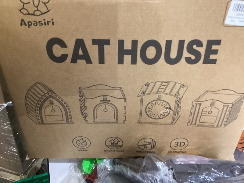 Condition photo showing New/Like New for Apasiri Cat House Scratch-Resistant: Indoor Warm Enclosed Felt Bed Cave with Hanging Ball Toy, No-Tool Assembly Hideaway for Anxious Cats & Kittens, 13.4x13.4x9.85 Inch Interior Beige1 Warm Indoor Cat House