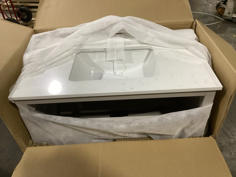 Condition photo showing As Is for allen + roth sandbanks 36-in greige undermount single sink bathroom vanity with white engineered stone top