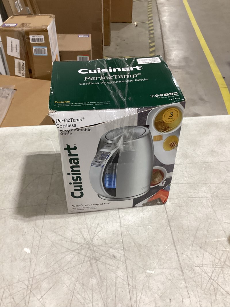 Condition photo showing New/Like New for Cuisinart PerfecTemp 1.7-Liter Electric Kettle, Cordless Electric Tea Kettle, 1500W for Fast Heat-Up, 6 Preset Temperatures, 30-Minute Keep Warm, Stay Cool Nonslip Handle, CPK-17P1 Stainless Steel PerfecTemp