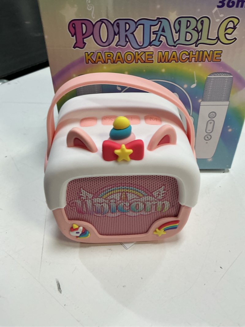 Condition photo showing Good Condition for mini karaoke machine for kids girls: unicorn portable bluetooth speakers with 2 wireless mic easter birthday gifts for 5 6 7 8 9 10 11 years teen toys for girls age 4-6 7 8 9 basket stuffers pink