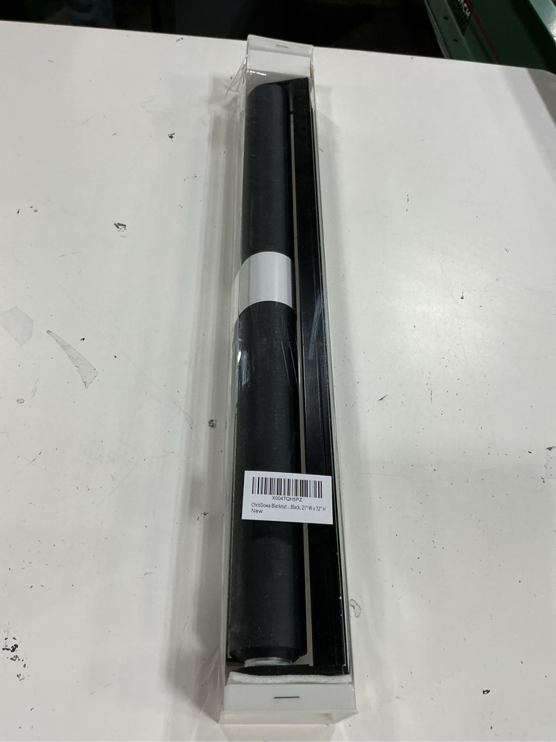 Condition photo showing Good Condition for chrisdowa 100% blackout roller shades for windows, striped pattern cordless pull down door blinds with privacy, thermal insulated window shades for living room, home and office. black, 21" w x 72" h 21"w x 72"h black